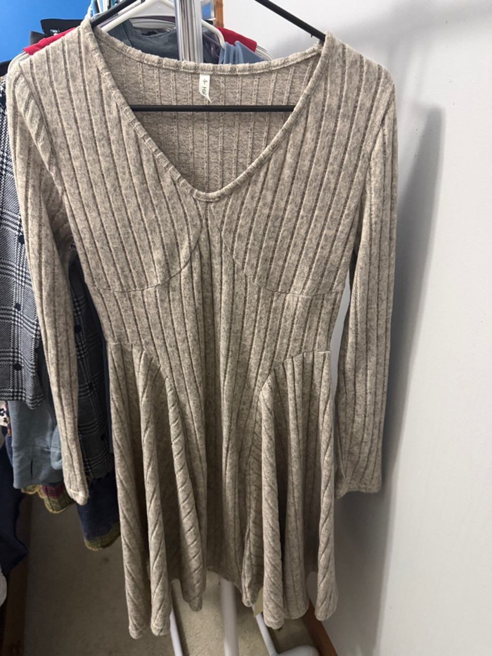 HALARA Ribbed V-Neck Long Sleeve Knit Dress - Taupe